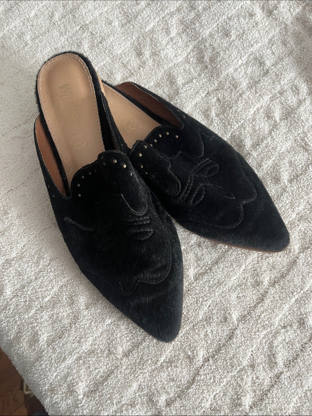 Miu Miu Black Pointed Ponyhair Slip-On Mules with Stud Detail